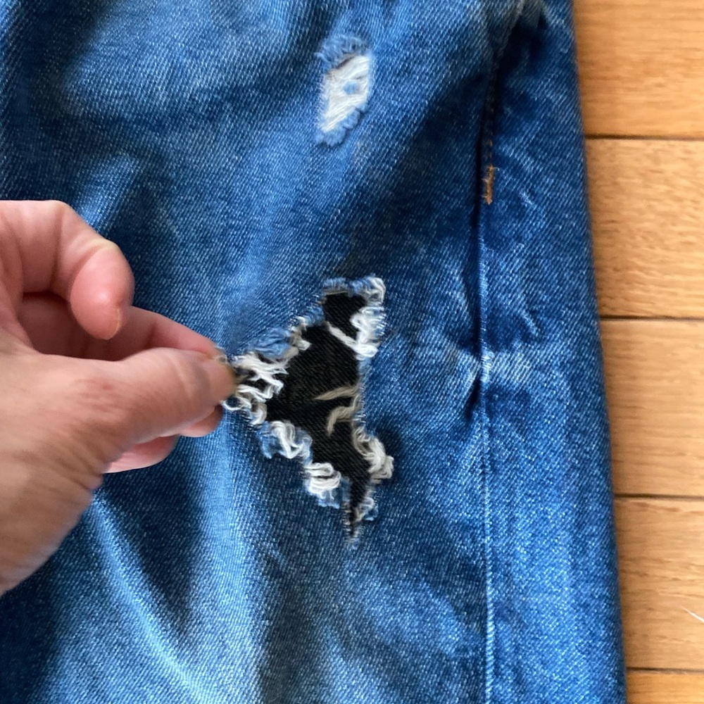 Euc Zara Basic Denim Red Button Distressed Jeans - image 8